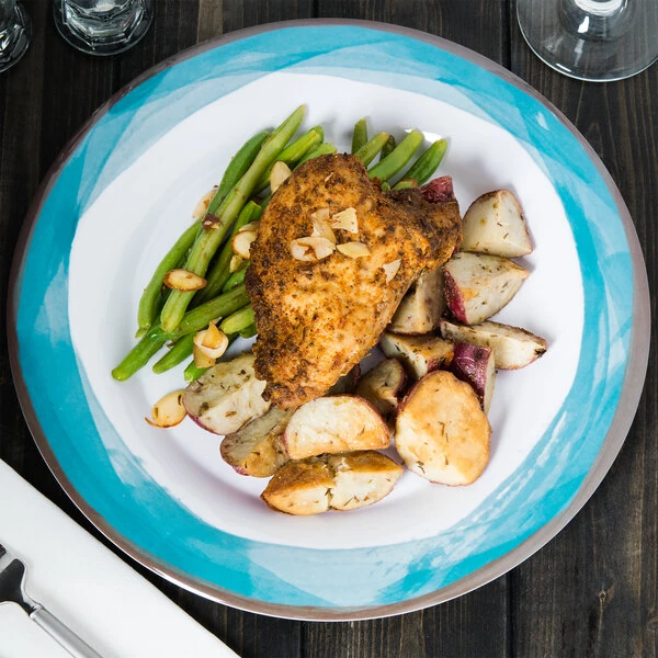 GET WP-10-DW-KNB Kanello 10 1/2" Round Diamond White Wide Rim Melamine Plate with Kanello Blue Edge - 12/Pack