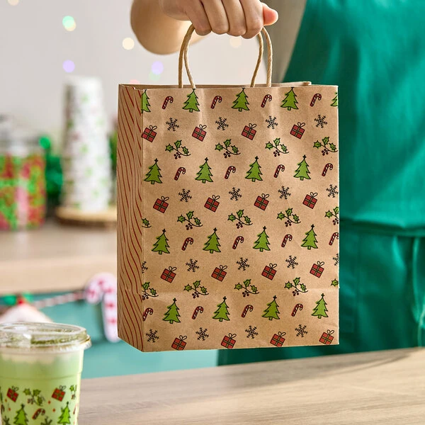 Choice 8" x 4 1/2" x 10 1/4" Natural Kraft Paper Shopping Bag with Holiday Print and Handles - 250/Case