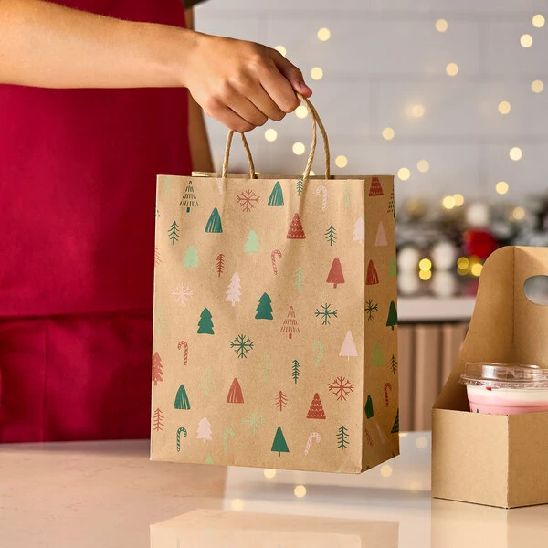 Choice 8" x 4 1/2" x 10 1/4" Natural Kraft Paper Shopping Bag with Modern Holiday Print and Handles - 250/Case