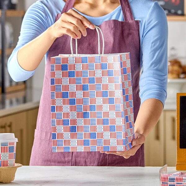 Choice 8" x 4 1/2" x 10 1/4" Patriotic USA Print Paper Shopping Bag with Handles - 250/Case