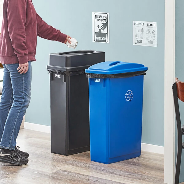 Lavex 46 Gallon 2-Stream Slim Rectangular Recycle Station with Black Drop Shot and Blue Paper Slot Lids