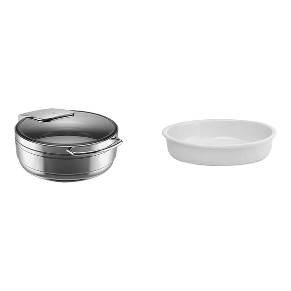 WMF Basic from BauscherHepp 3.3 Qt. 1/2 Size Round Stainless Steel Induction Chafing Dish and (3) Porcelain Inserts