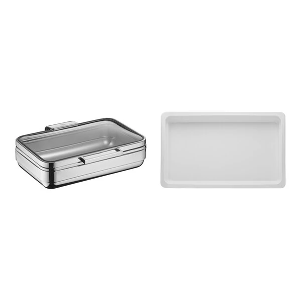 Hepp Arte from BauscherHepp Full Size Rectangular Stainless Steel Induction Chafing Dish and (3) Porcelain Inserts