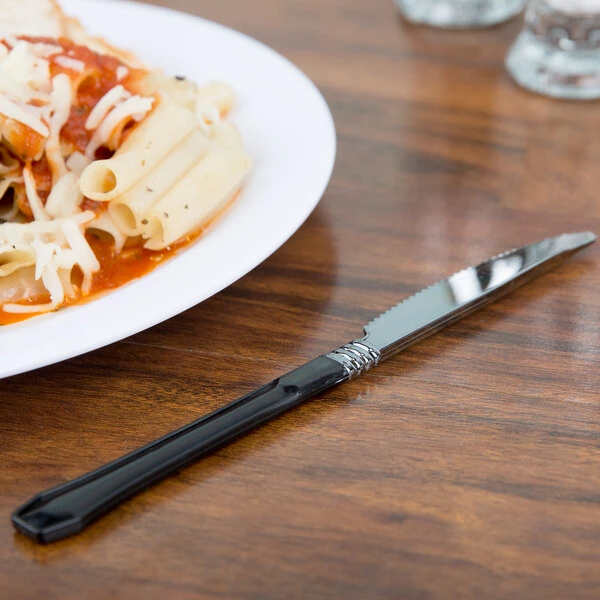 WNA Comet HRFKN480BK Reflections Duet 7 1/2" Stainless Steel Look Extra Heavy Weight Plastic Knife with Black Handle - 480/Case