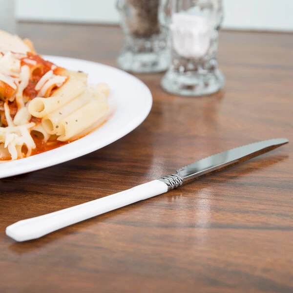 WNA Comet RFDKN480W Reflections Duet 7 1/2" Stainless Steel Look Extra Heavy Weight Plastic Knife with White Handle - 480/Case