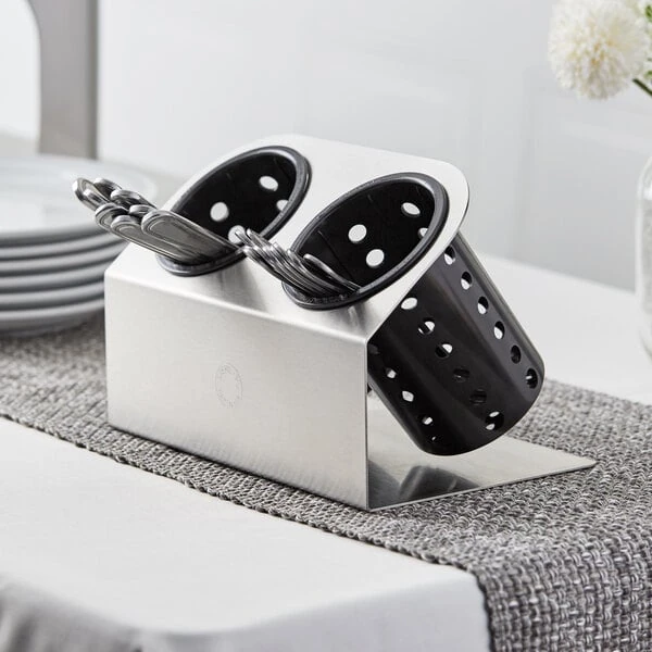 Steril-Sil HKS-2-BLACK Cantilever 2-Cylinder Stainless Steel Flatware Organizer with Black Perforated Plastic Cylinders