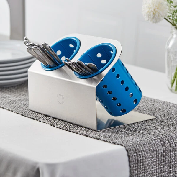 Steril-Sil Cantilever 2-Cylinder Stainless Steel Flatware Organizer with Blue Perforated Plastic Cylinders