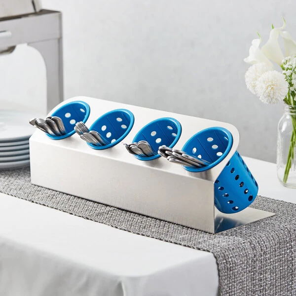 Steril-Sil Cantilever 4-Cylinder Stainless Steel Flatware Organizer with Blue Perforated Plastic Cylinders