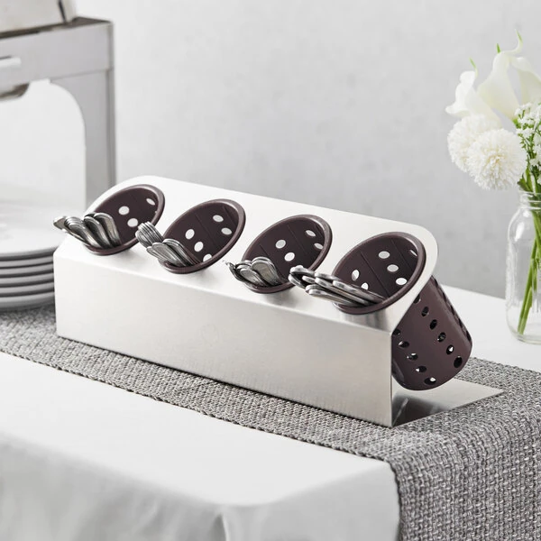 Steril-Sil Cantilever 4-Cylinder Stainless Steel Flatware Organizer with Brown Perforated Plastic Cylinders