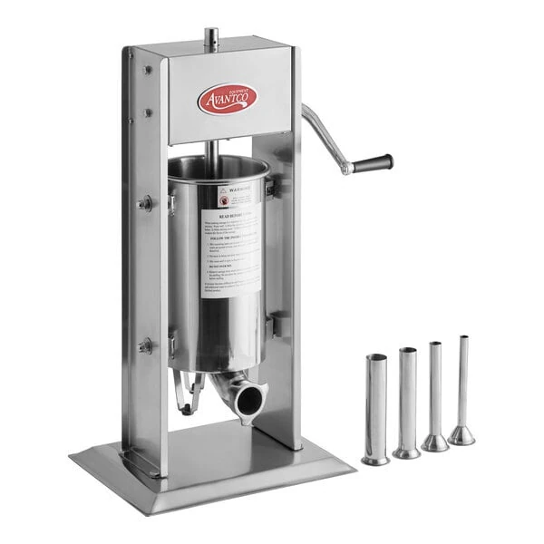 Scratch and Dent Avantco 20 lb. Stainless Steel Vertical Manual Sausage Stuffer with 5/8", 7/8", 1 1/4", and 1 1/2" Stainless Steel Funnels