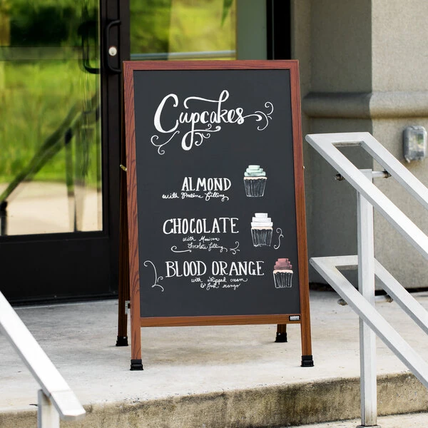 Aarco 1-WA-1B 42" x 24" Cherry Wood-Look A-Frame Sign Board with Black Chalkboard