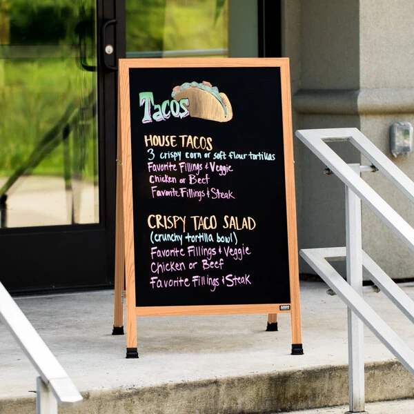 Aarco A-1P 42" x 24" Oak A-Frame Sign Board with Black Write-On Acrylic Marker Board