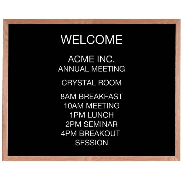 Aarco AOFD3648L 36" x 48" Black Felt Open Face Horizontal Indoor Message Board with Oak Wood Frame and 3/4" Letters