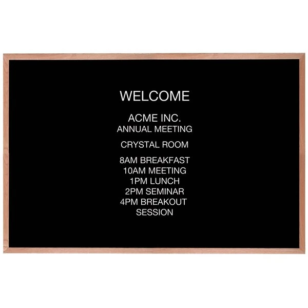 Aarco AOFD4872L 48" x 72" Black Felt Open Face Horizontal Indoor Message Board with Oak Wood Frame and 3/4" Letters