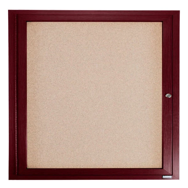 Aarco CBC3636R 36" x 36" Enclosed Indoor Hinged Locking 1 Door Bulletin Board with Cherry Frame