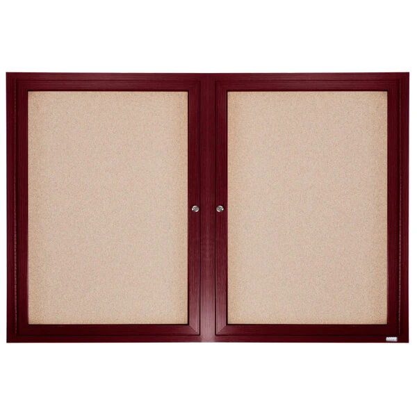 Aarco CBC3660R 36" x 60" Enclosed Indoor Hinged Locking 2 Door Bulletin Board with Cherry Frame