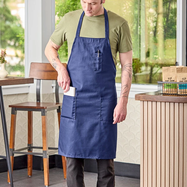 Uncommon Chef 3004 Navy Customizable Poly-Cotton Twill Bib Apron with 3 Pockets - 34" x 30"