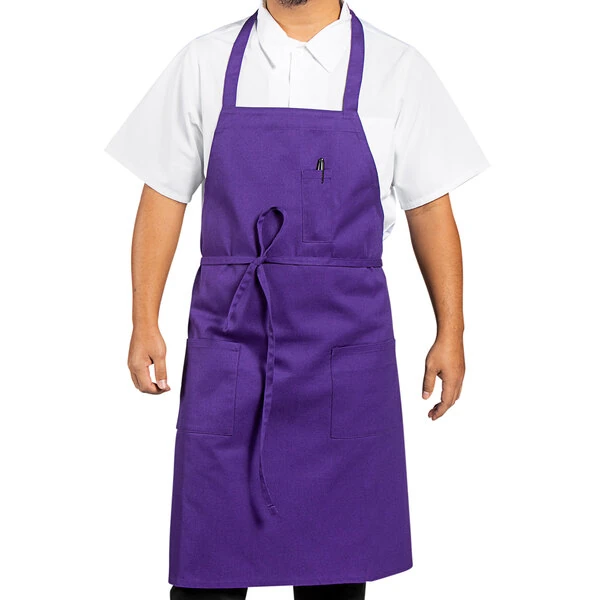 Uncommon Chef 3004 Purple Customizable Poly-Cotton Twill Bib Apron with 3 Pockets - 34" x 30"
