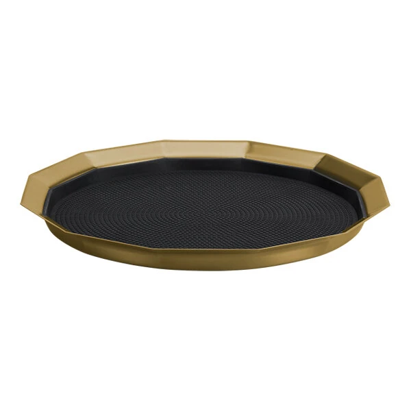Service Ideas Metallic Elements 14" Vintage Gold 12-Sided Serving Tray with Removable Non-Slip Insert TRPN1412RIBSVG - 12/Case