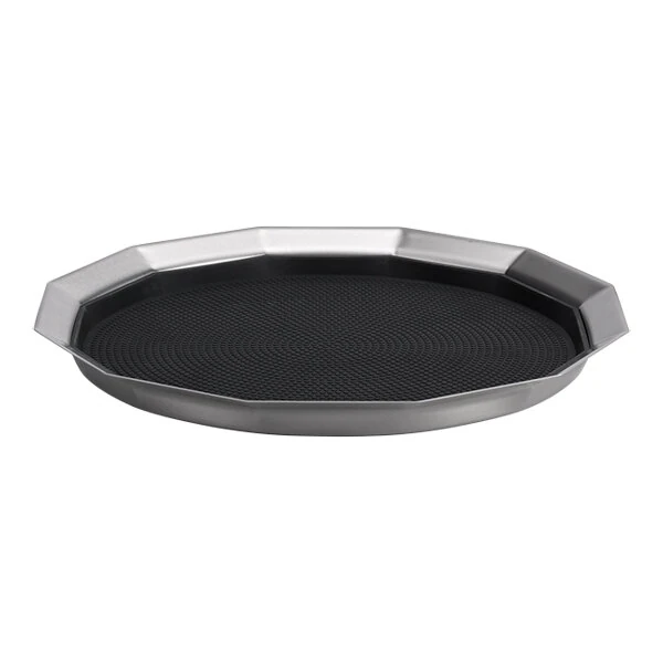 Service Ideas Metallic Elements 14" Brushed Stainless Steel 12-Sided Serving Tray with Removable Non-Slip Insert TRPN1412RIBS - 12/Case