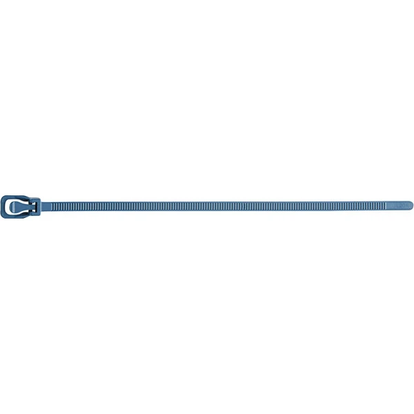 Retyz Metal Detectable EveryTie Blue 8" 50 lb. Tensile Strength (222N) 4.8 mm Strap Width Releasable / Reusable Cable Ties EVT-M08BL-TA - 100/Pack