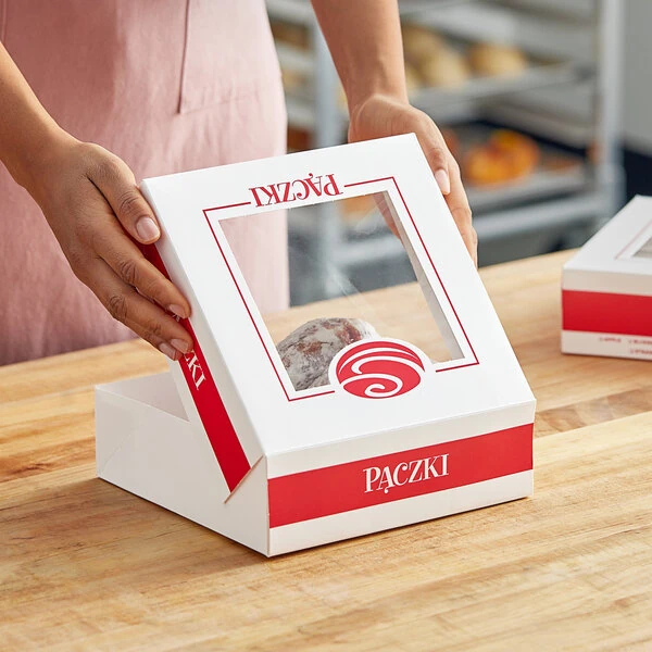 Southern Champion 8" x 8" x 2 1/2" Auto-Popup Window Donut / Bakery Box with Paczki Design - 100/Case