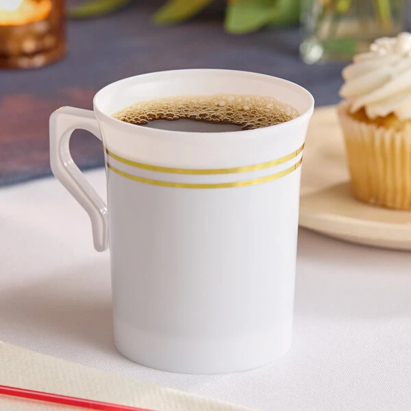 Visions Halo 8 oz. White Plastic Coffee Mug with Gold Bands - 120/Case