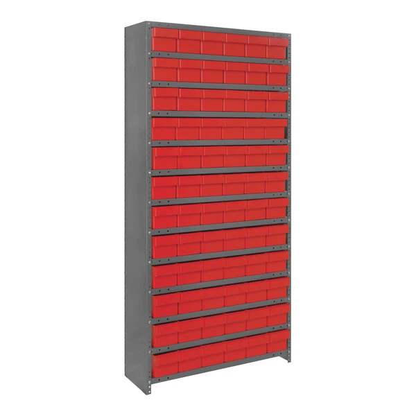 Quantum Super Tuff 36" x 18" x 75" Steel Closed 13-Shelf Euro Drawer Shelving System with (72) 17 7/8" x 5 9/16" x 4 5/8" Red Bins CL1875-602RD