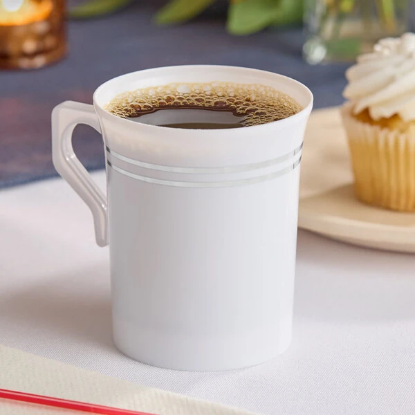 Visions Halo 8 oz. White Plastic Coffee Mug With Silver Bands - 120/Case