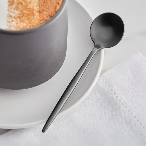 Acopa Odin Black 5 1/8" 18/8 Brushed Stainless Steel Extra Heavy Weight Forged Demitasse Spoon - 12/Case
