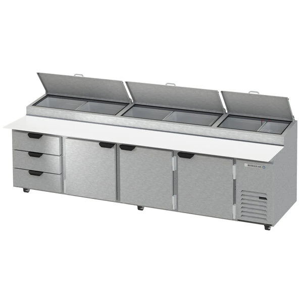 Beverage-Air DPD119HC-3 119" Refrigerated Pizza Prep Table with Three Doors and Three Drawers