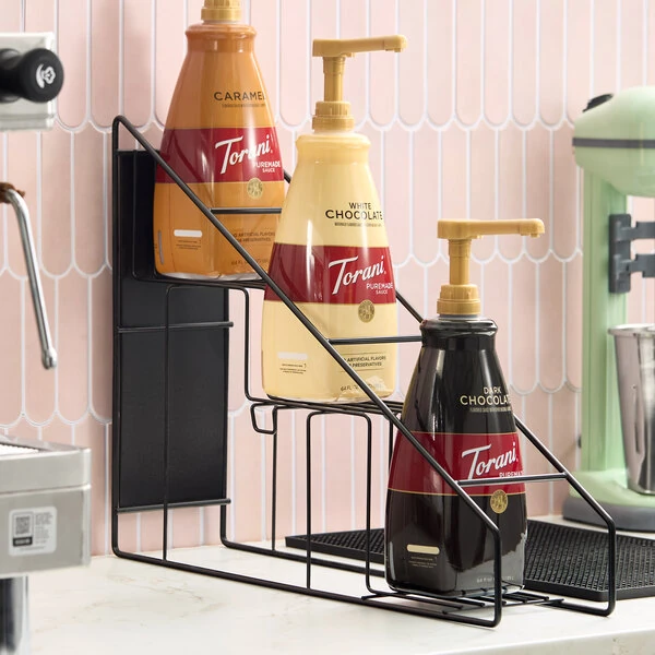 Torani 3-Tier 3-Bottle Black Stainless Steel Wire Rack for 64 oz. Flavoring Sauce Bottles