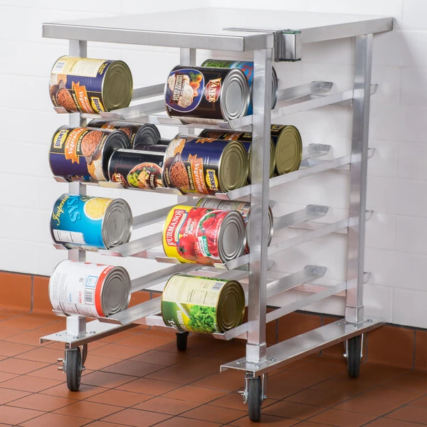 Regency Half-Size Mobile Aluminum Can Rack for #10 and #5 Cans with Stainless Steel Top and Mounted #1 Can Opener Base