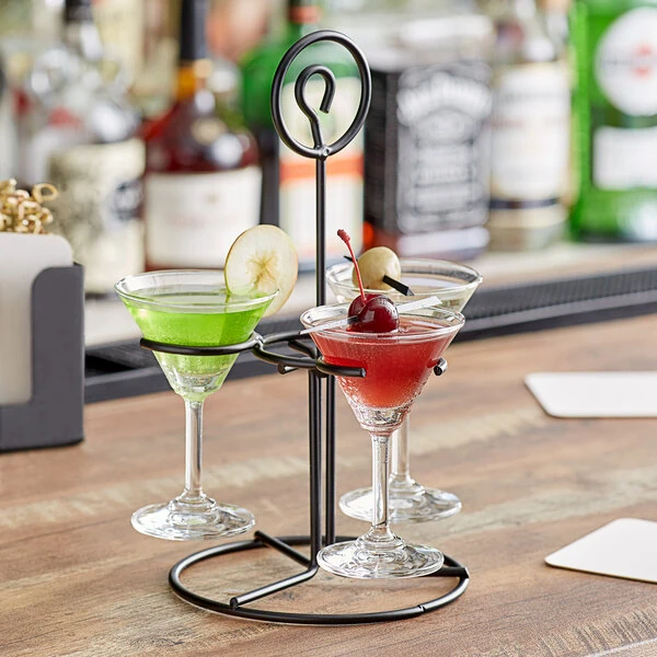 Acopa Three Glass Metal Flight Carrier with Martini Tasting Glasses - 4/Set