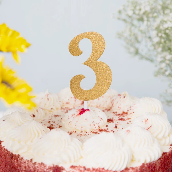 Creative Converting 324545 Gold Glitter "3" Cake Topper - 12/Case