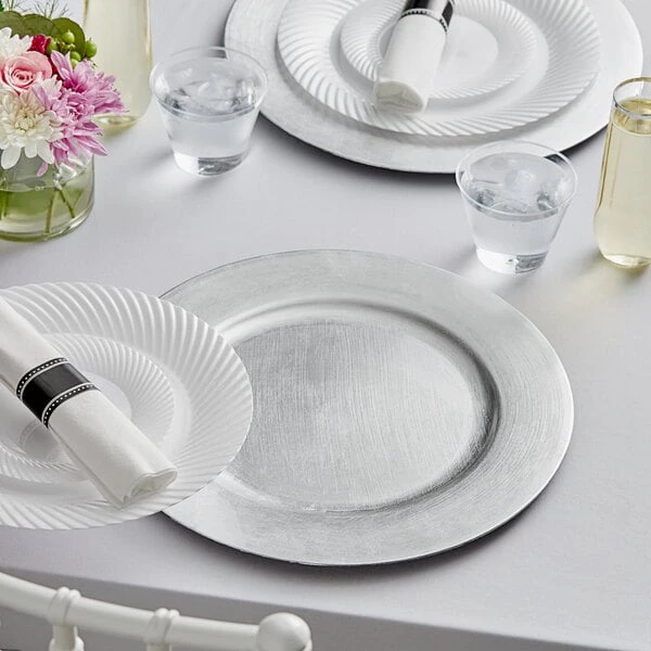 Choice 13" Round Silver Smooth Rim Plastic Charger Plate - 12/Case