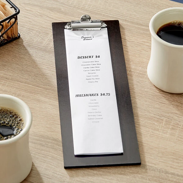 Choice 4 1/2" x 12 1/2" Customizable Dark Wood Color Menu Holder / Presenter with Clip