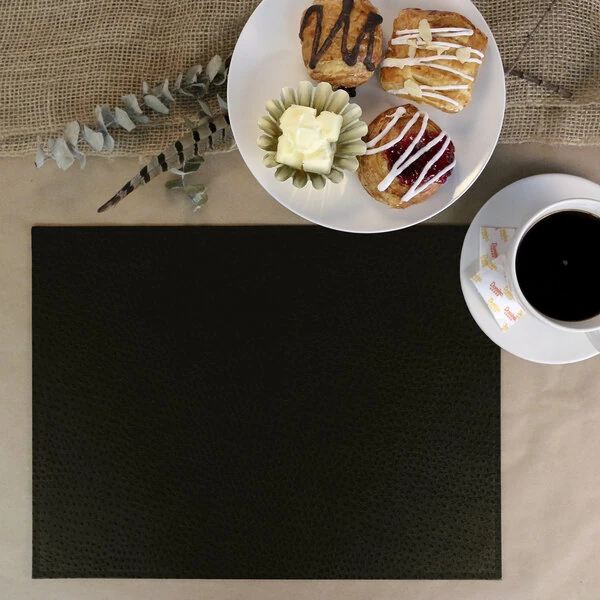 H. Risch Inc. PLACEMATDX-CHBLACK Chesterfield 16" x 12" Black Premium Sewn Faux Leather Rectangle Placemat - 12/Pack