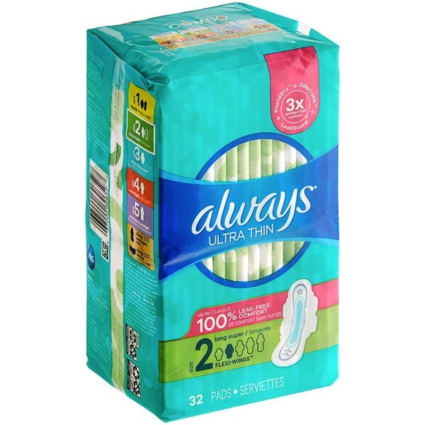 Always Ultra Thin 32-Count Unscented Menstrual Pad with Wings - Size 2 Long Super - 3/Case