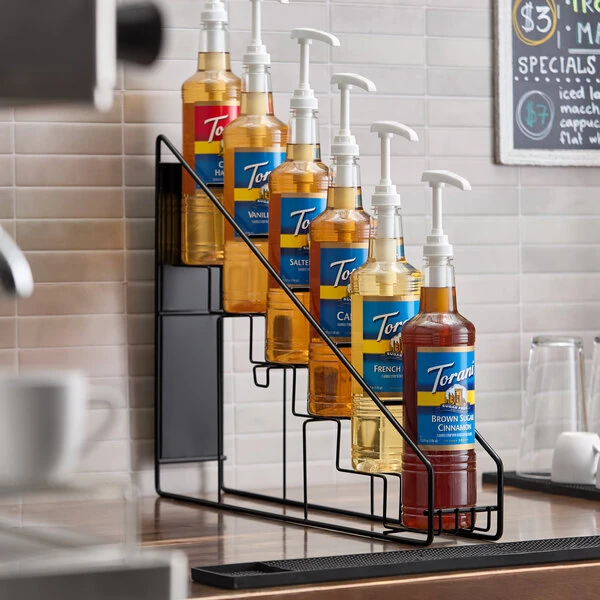 Torani 6-Tier 6-Bottle Black Stainless Steel Wire Rack for 750 mL-1 Liter Flavoring Syrup Bottles