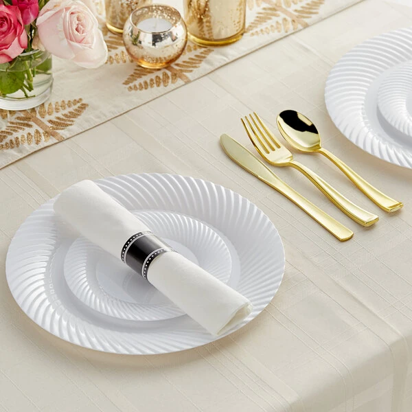 Visions 144 Settings of Gold White Wave Plastic Dinnerware and Classic Rolled Flatware - 144/Case
