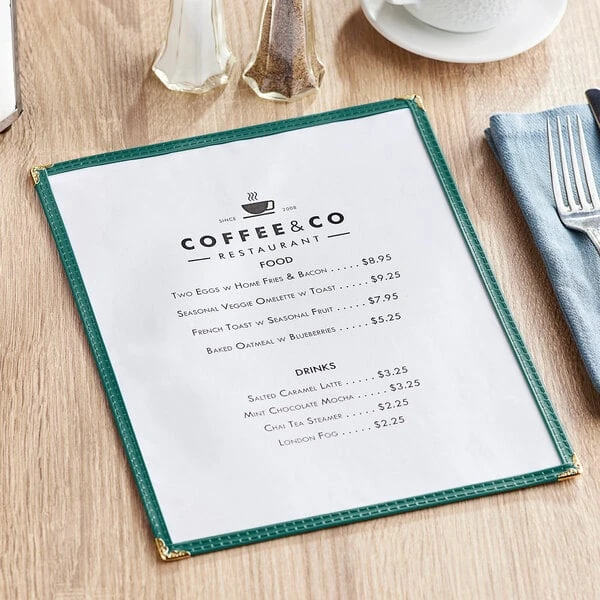 Choice 8 1/2" x 11" Green 2-View Single Pocket Menu Cover