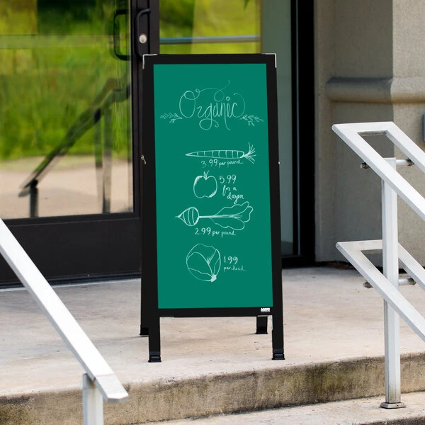 Aarco BA-311SG 42" x 18" Black Aluminum A-Frame Sign Board with Green Write-On Porcelain Chalk Board
