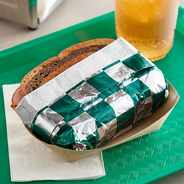 Bagcraft 10 1/2" x 14" Green / Silver Checker Insulated Honeycomb Foil Sandwich Wrap - 500/Pack
