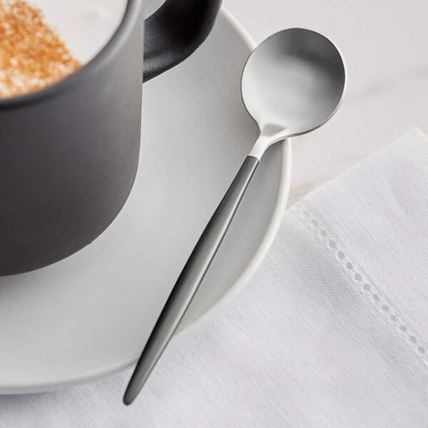 Acopa Odin Black / Silver 5 1/8" 18/8 Brushed Stainless Steel Extra Heavy Weight Forged Demitasse Spoon - 12/Case