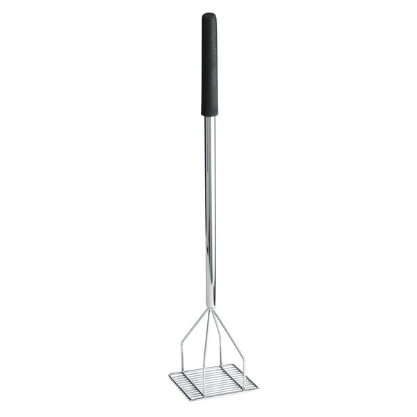 TableCraft 30" Chrome Plated Steel Square-Faced Potato/Bean Masher with Black Vinyl Handle 3155