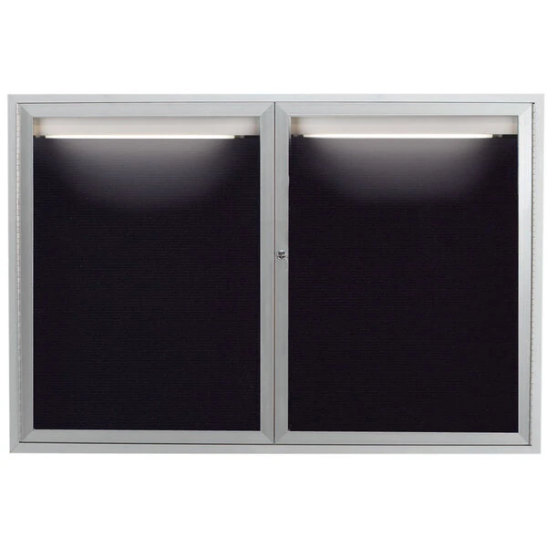 Aarco ADC4872I 48" x 72" Enclosed Hinged Locking 2 Door Satin Anodized Finish Aluminum Indoor Lighted Message Center with Black Letter Board
