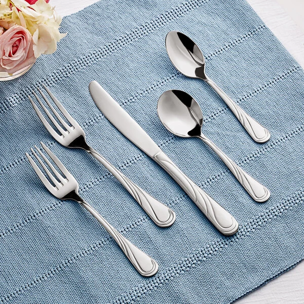 Acopa Swirl 18/8 Stainless Steel Extra Heavy Weight Flatware 5 Piece Set - Sample