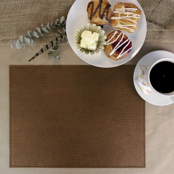 H. Risch Inc. PLACEMATDX-CHBROWN Chesterfield 16" x 12" Brown Premium Sewn Faux Leather Rectangle Placemat - 12/Pack