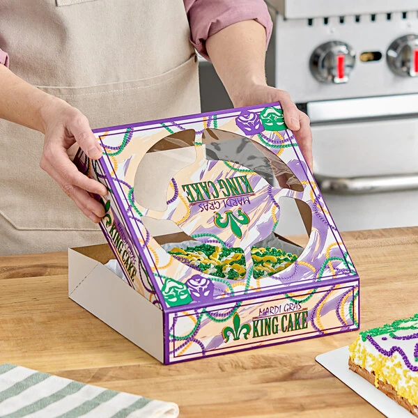 Southern Champion 10" x 10" x 2 1/2" Auto-Popup Window Pie / Bakery Box with Mardi Gras King Cake Design - 100/Case